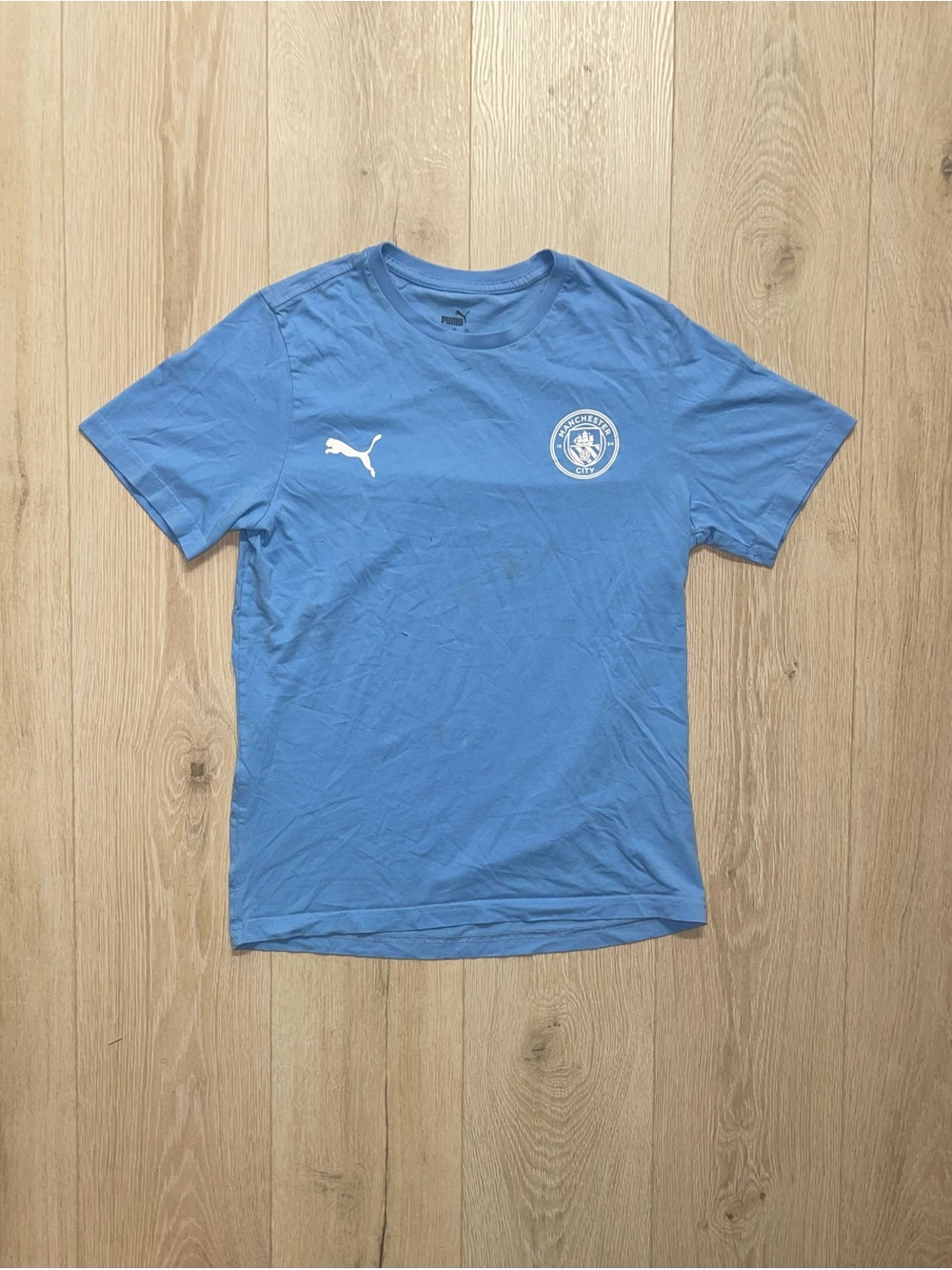 Puma Men's Sky Blue Crew Neck Athletic Tee with Chest Emblem